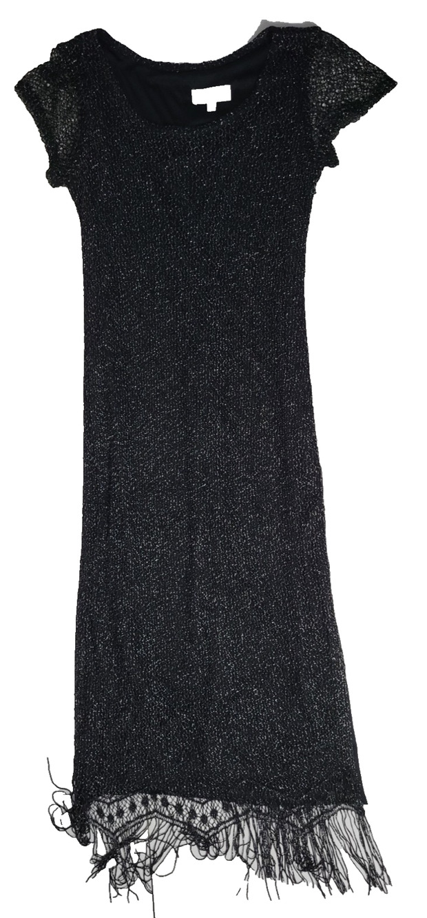 Vintage Harlow Womens 8 Black Metallic Knit Maxi Dress Fringe Hem Goth Y2K